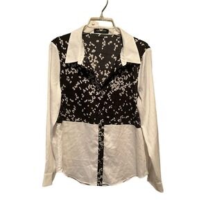 Ivanka Trump Button-Up Shirt Women L Beige/Black Long Sleeve Collared Polyester